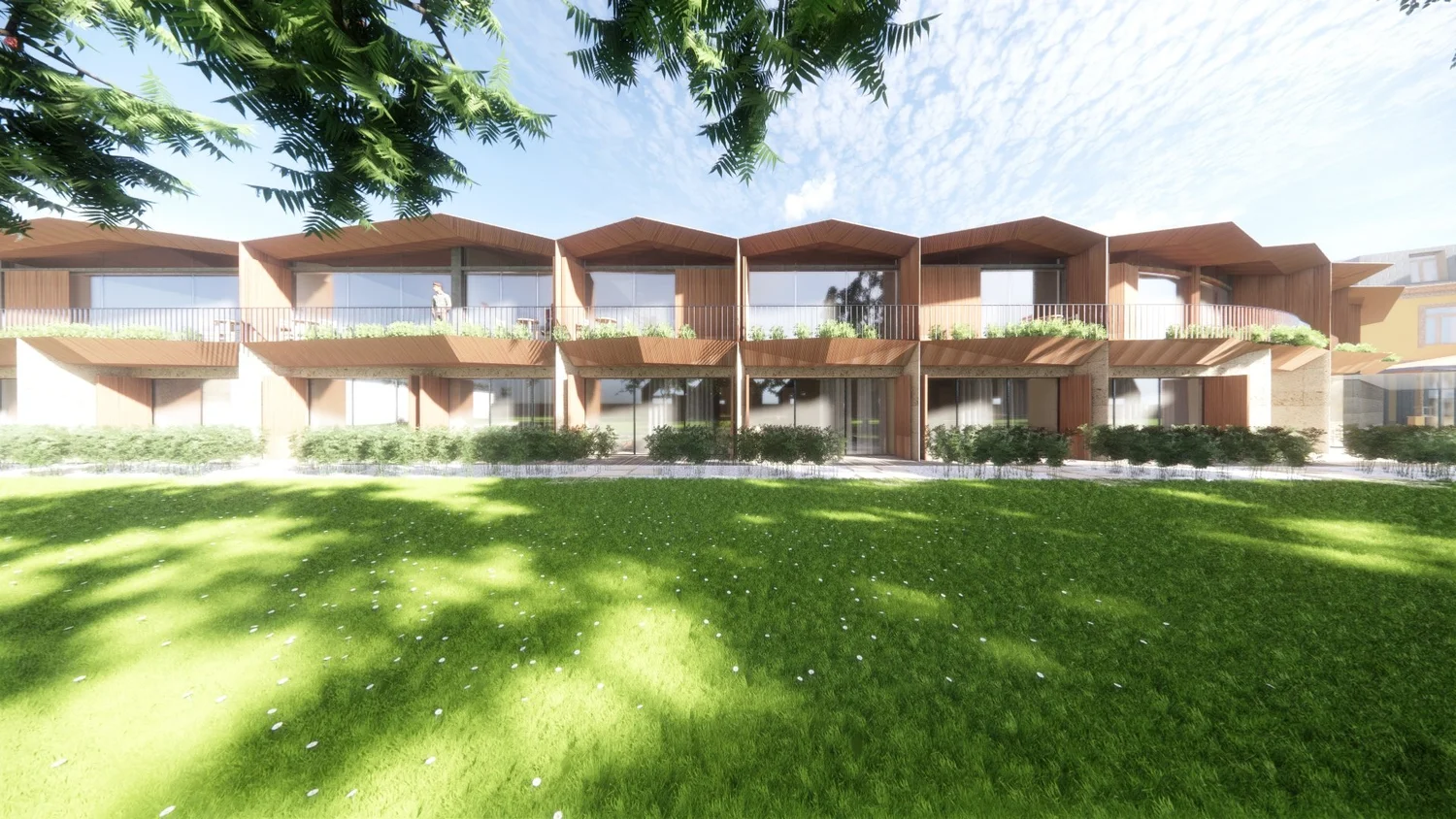 Perspectiva da Quinta das Alfaias com edifício residencial e vegetação